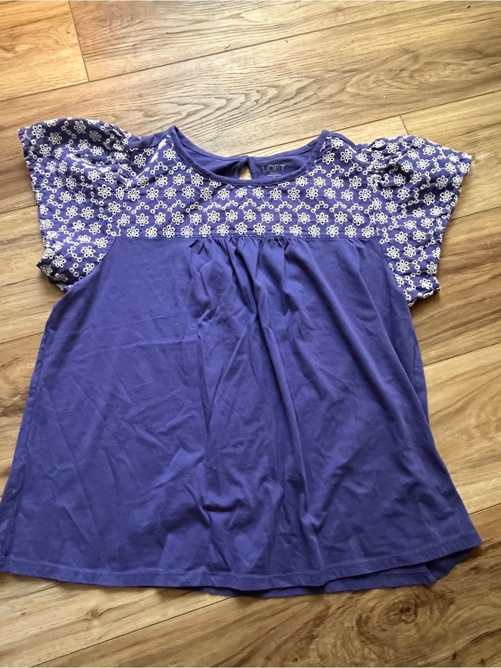 LOFT Purple Short-Sleeve Floral Yoke Tee
